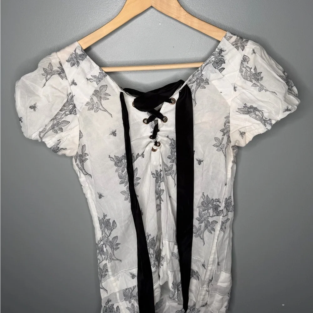 Anthropologie x Leifsdottir Tie Back Puff Sleeve Sheer Floral Bee Print Blouse